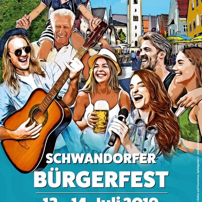 Bild vergrößern: Plakat des Schwandorfer Brgerfestes. Weie Schrift auf blauen Hintergrund "Schwandorfer Brgerfest" 12-14. Juli 2019. Im Hintergrund ist eine Collage von Menschen, die lachen und Musik spielen.