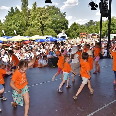 Bild vergrößern: Kinder in orangen T-Shirts tanzen auf einer Bhne. Davor sind viele Zuschauer.