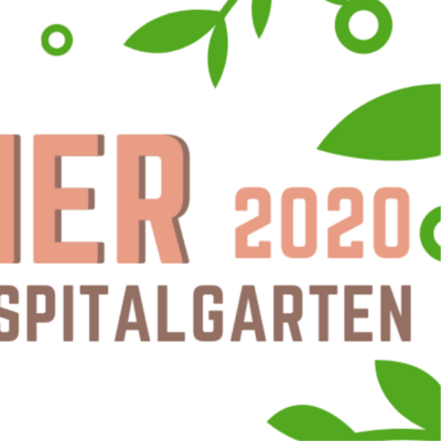 Grafik: 
3. Teil der Grafik: Braune und rosa Schrift auf weiem Hintergrund: "Kultursommer im Spitalgarten 2020". Im Hintergrund sind grne Blttergrafiken.